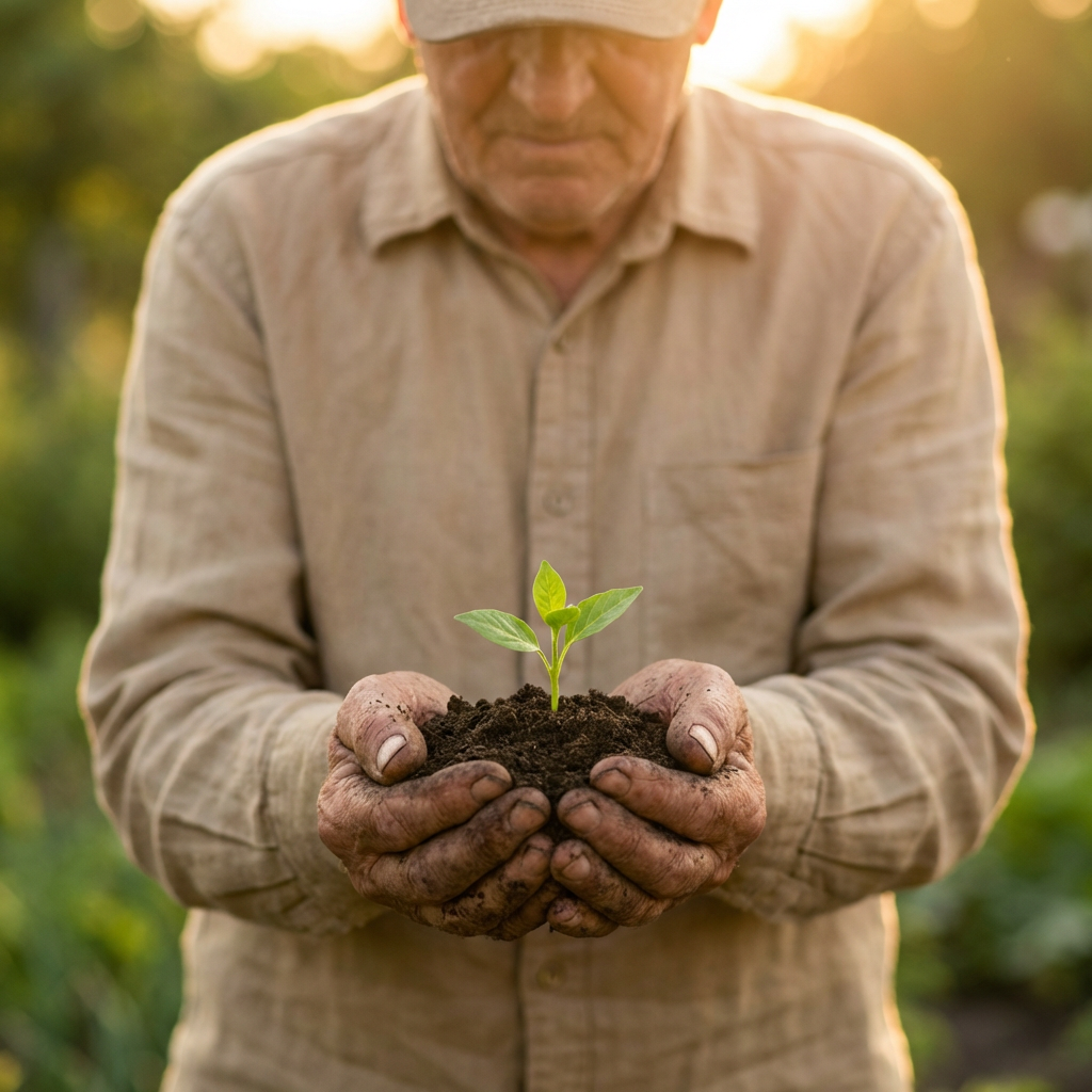 Farmer holding soil with a young seedling