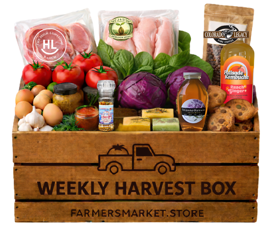 Harvest Box filled with local produce, meats, breads, and farm products