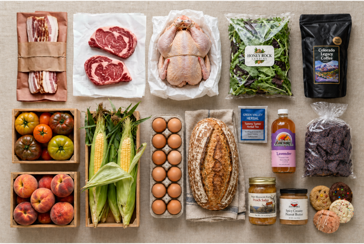 Open wooden harvest box with chard, peaches, strawberries, eggs, honey and sourdough